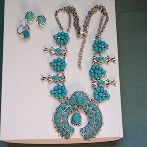Turquoise and Silver Tone Necklace, Ring and Earring Set, New.